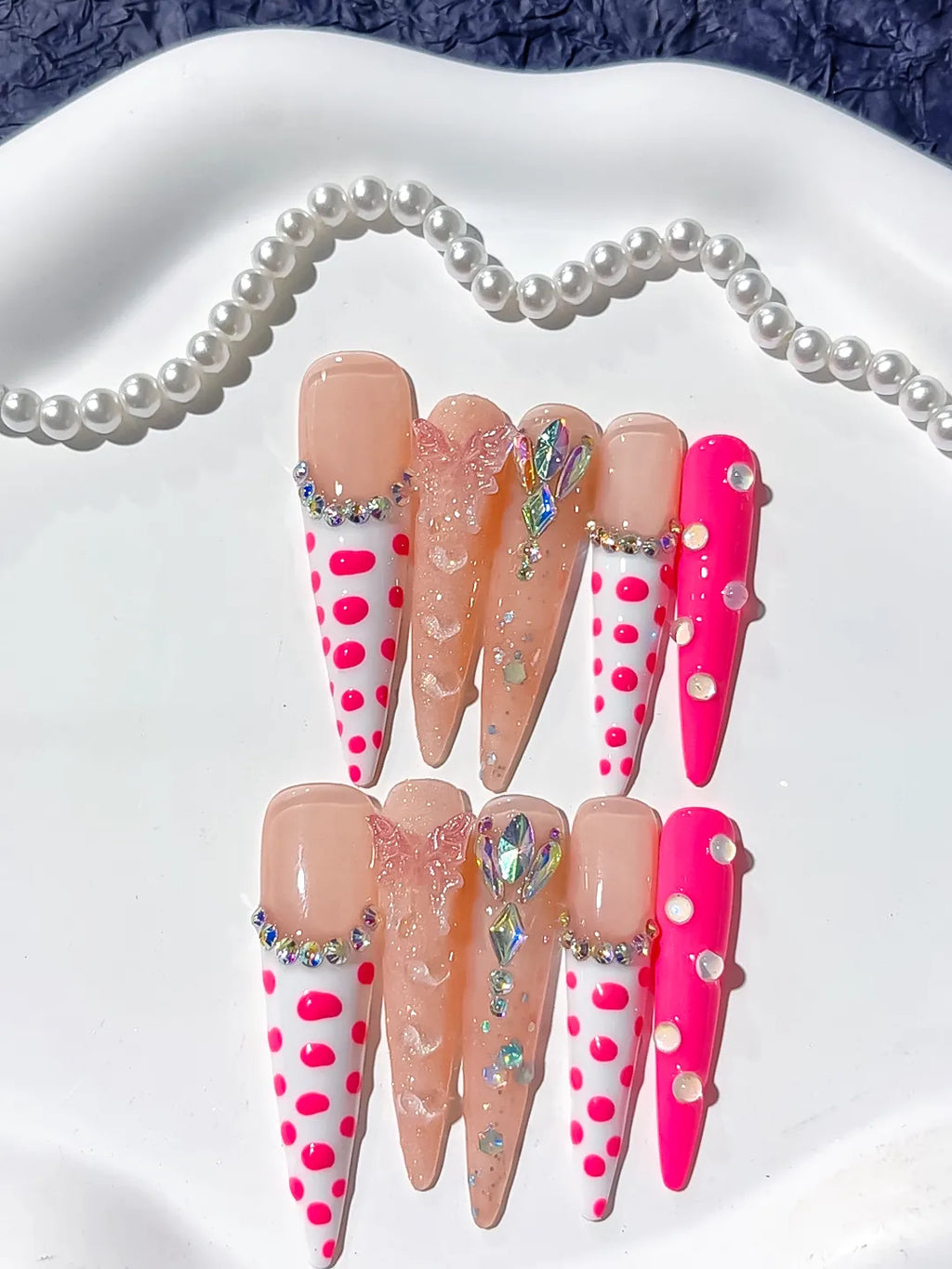 Long Nude White Stiletto Abstract Dot Pattern Bow