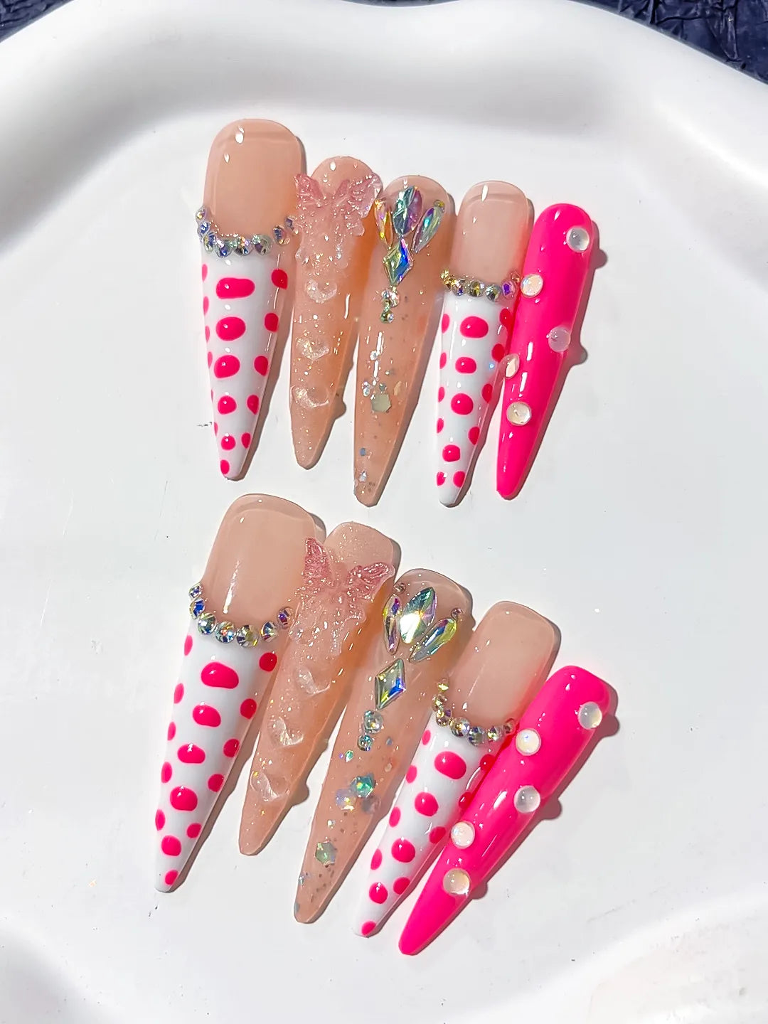 Long Nude White Stiletto Abstract Dot Pattern Bow