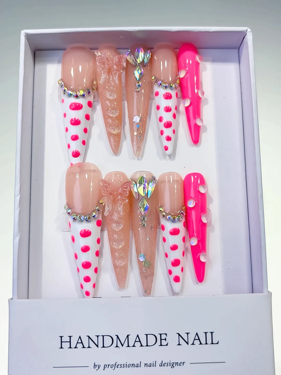 Long Nude White Stiletto Abstract Dot Pattern Bow
