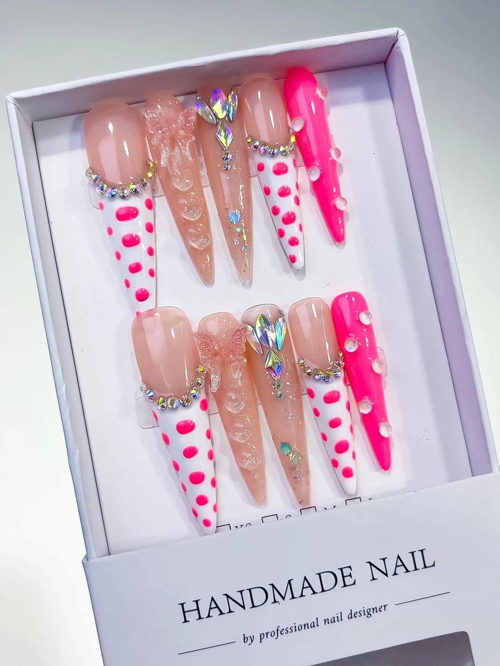 Long Nude White Stiletto Abstract Dot Pattern Bow