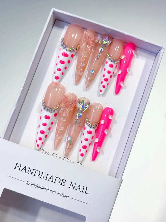 Long Nude White Stiletto Abstract Dot Pattern Bow