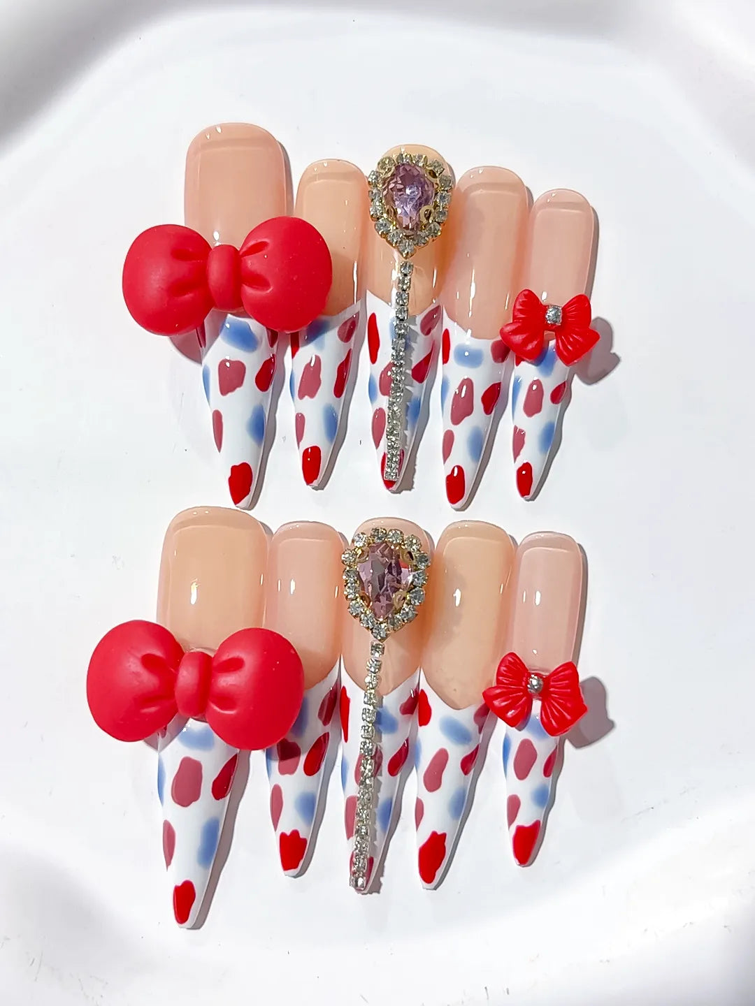 Long Nude White Stiletto Abstract Bow Heart