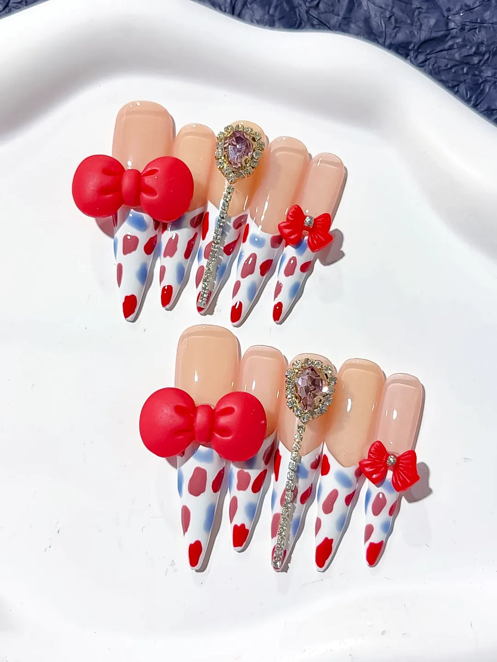 Long Nude White Stiletto Abstract Bow Heart