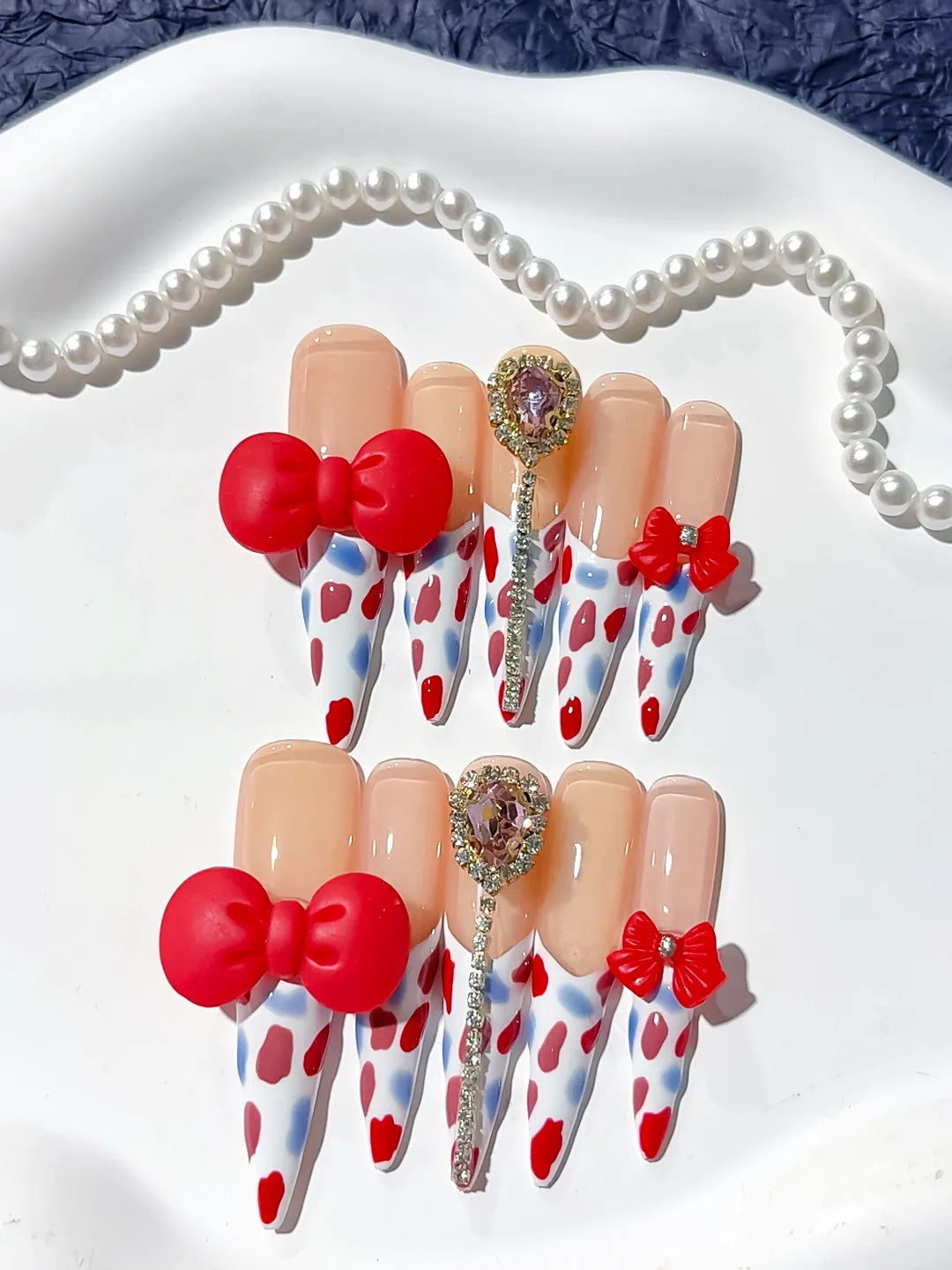 Long Nude White Stiletto Abstract Bow Heart