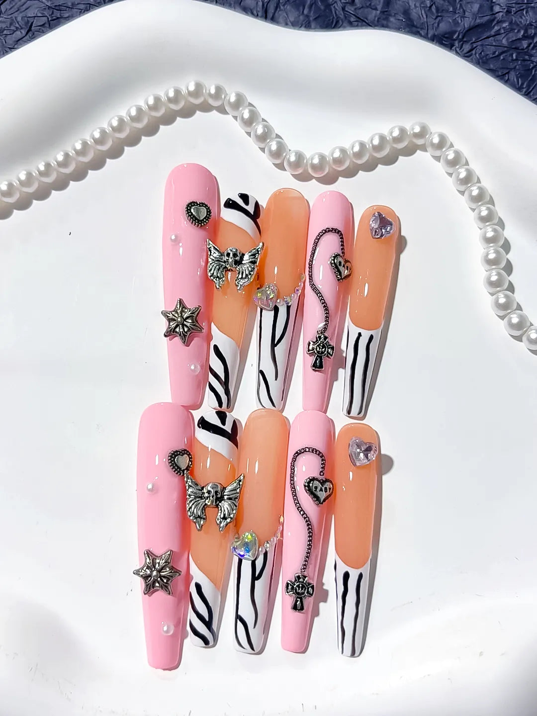 Long Pink Nude Coffin Abstract Star Bow
