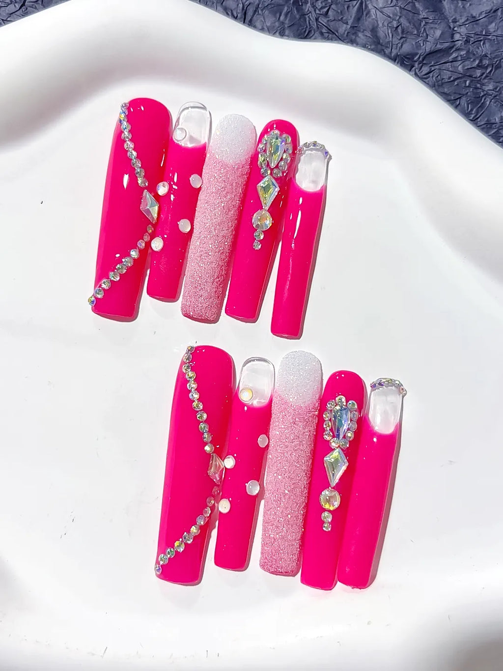 Long Pink White Square Solid color Glitter Rhinestone