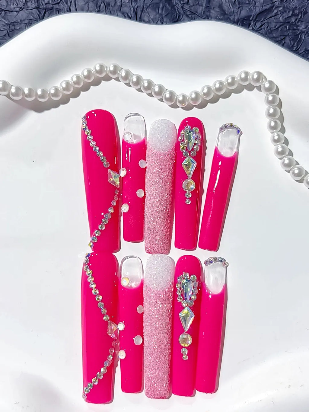 Long Pink White Square Solid color Glitter Rhinestone
