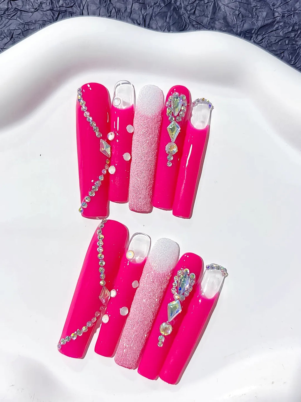 Long Pink White Square Solid color Glitter Rhinestone