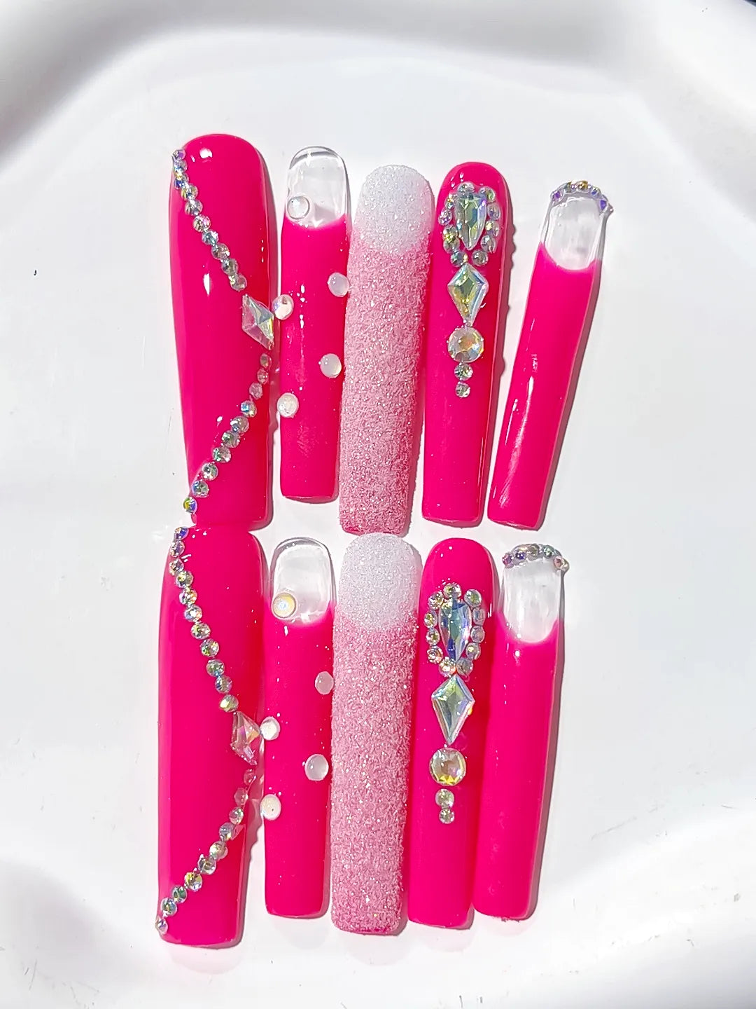 Long Pink White Square Solid color Glitter Rhinestone