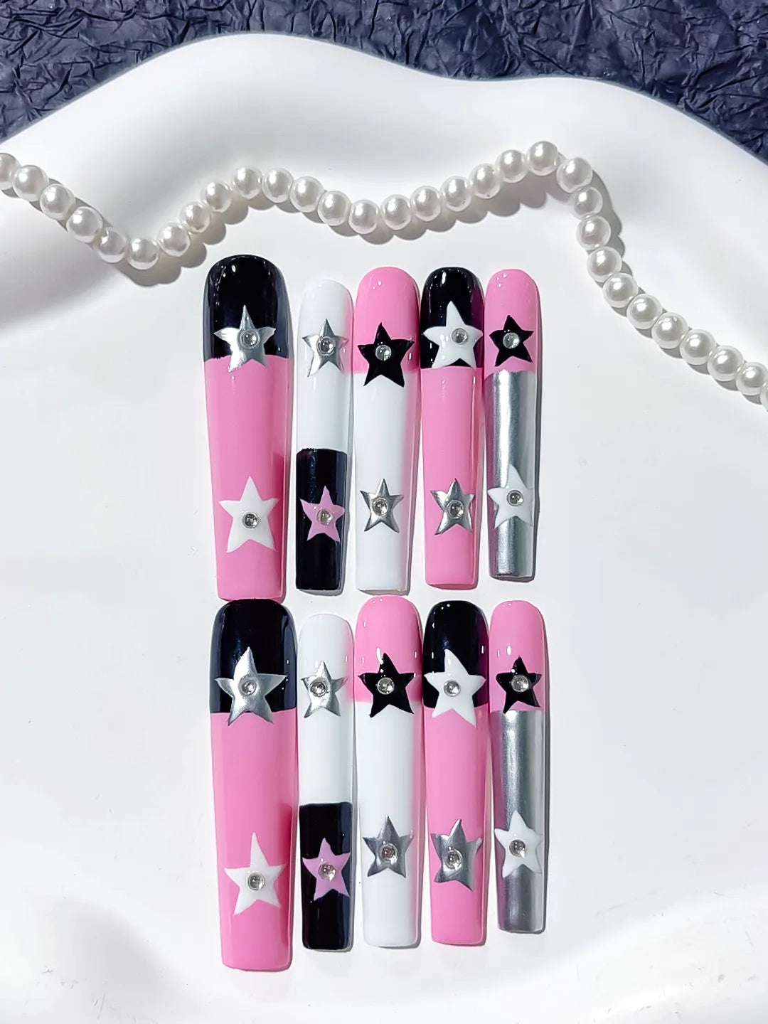Long Pink White Square Solid color Star 3D