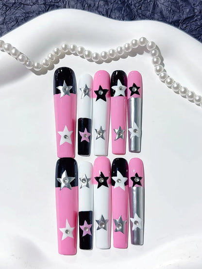 Long Pink White Square Solid color Star 3D