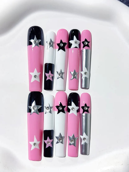 Long Pink White Square Solid color Star 3D