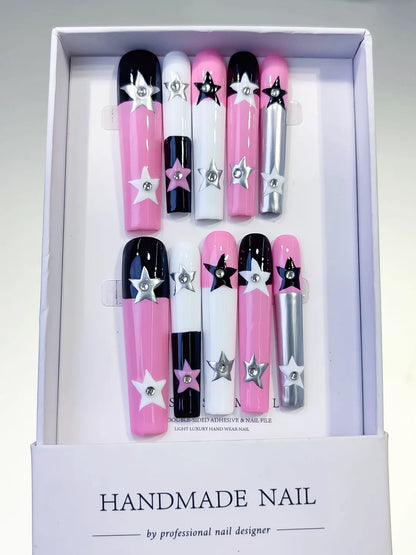 Long Pink White Square Solid color Star 3D