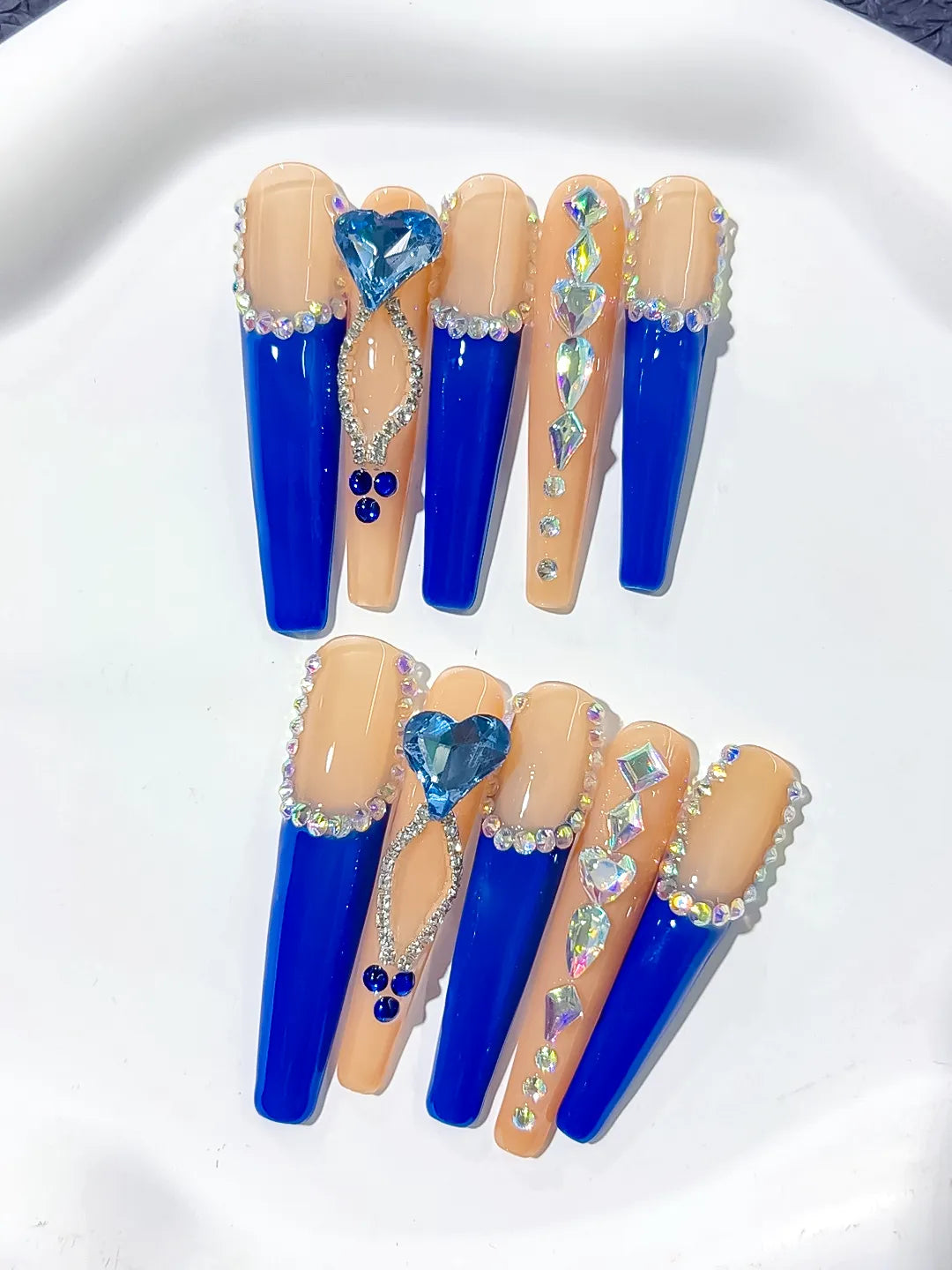 Long Blue Coffin French tip Rhinestone Heart