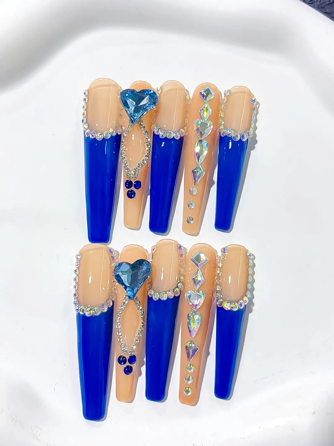 Long Blue Coffin French tip Rhinestone Heart