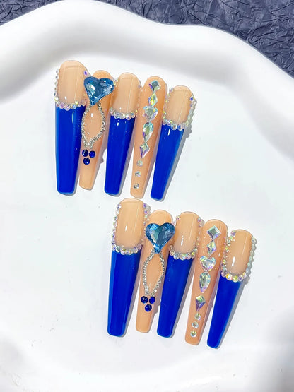 Long Blue Coffin French tip Rhinestone Heart