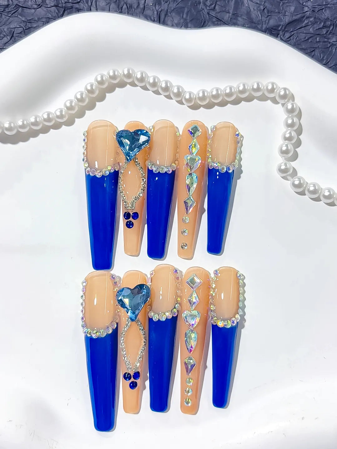 Long Blue Coffin French tip Rhinestone Heart