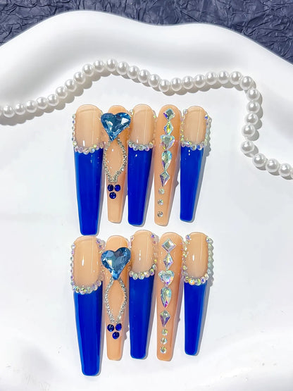 Long Blue Coffin French tip Rhinestone Heart