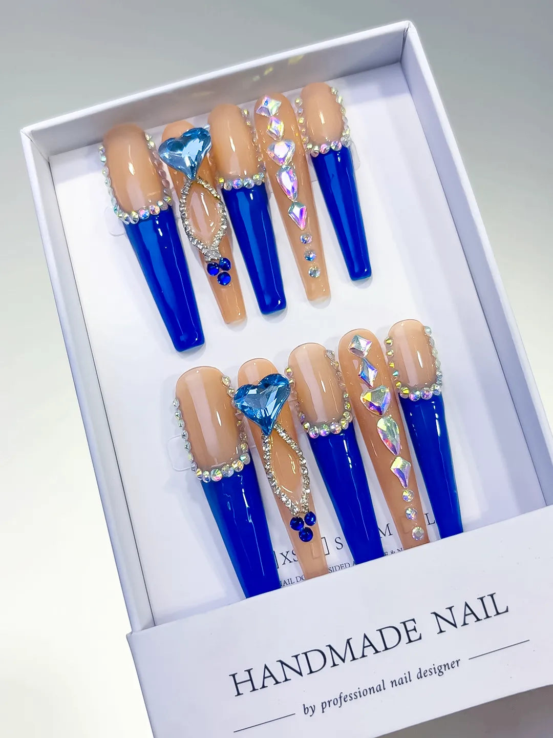 Long Blue Coffin French tip Rhinestone Heart