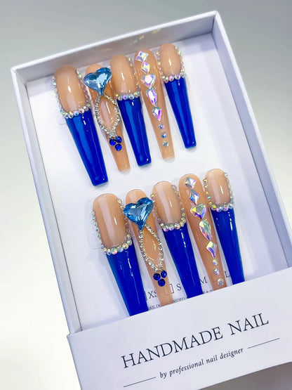 Long Blue Coffin French tip Rhinestone Heart