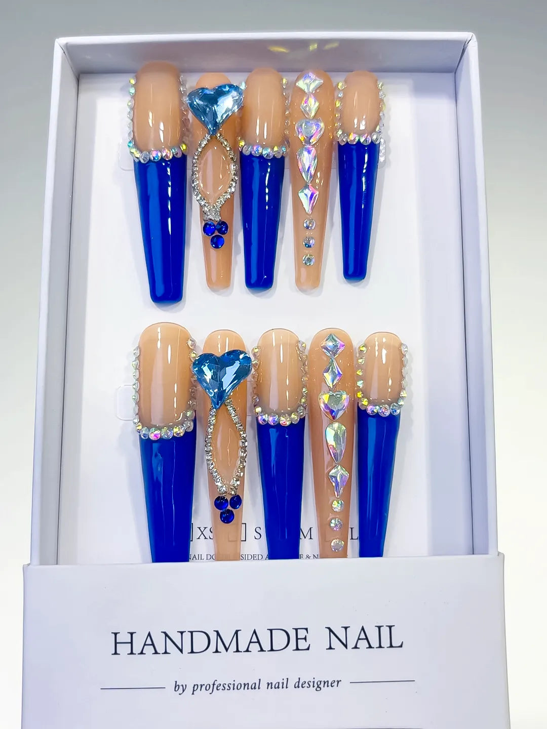 Long Blue Coffin French tip Rhinestone Heart
