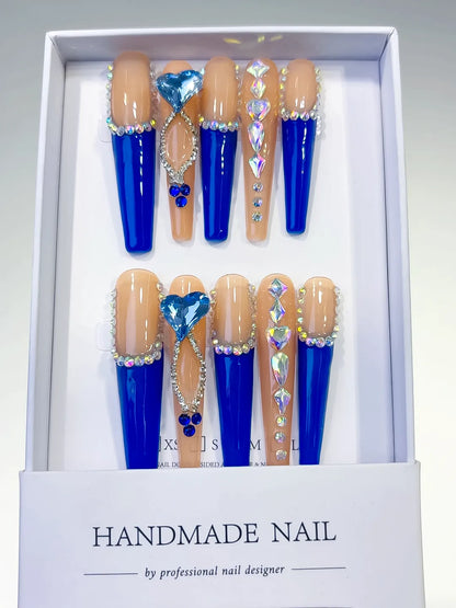 Long Blue Coffin French tip Rhinestone Heart