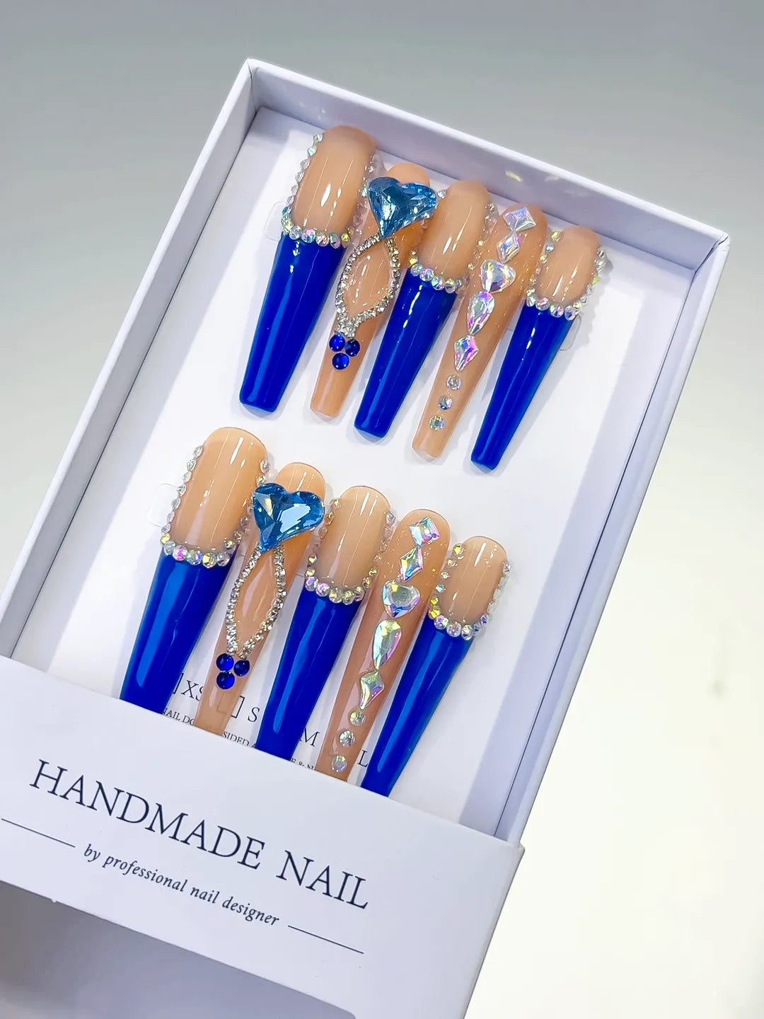 Long Blue Coffin French tip Rhinestone Heart