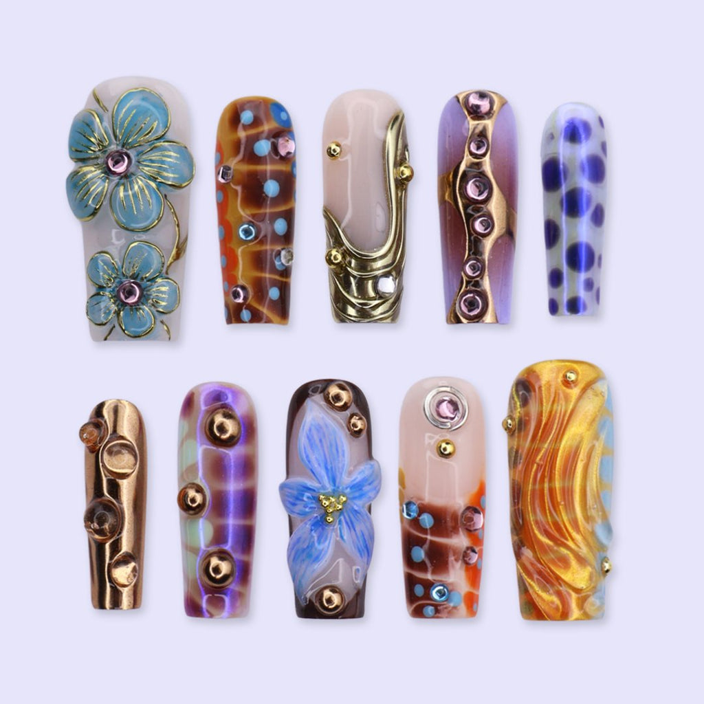 Galactica Brown Gold Floral Chrome Press On Nails