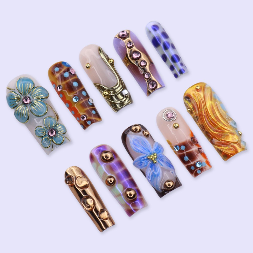 Galactica Brown Gold Floral Chrome Press On Nails
