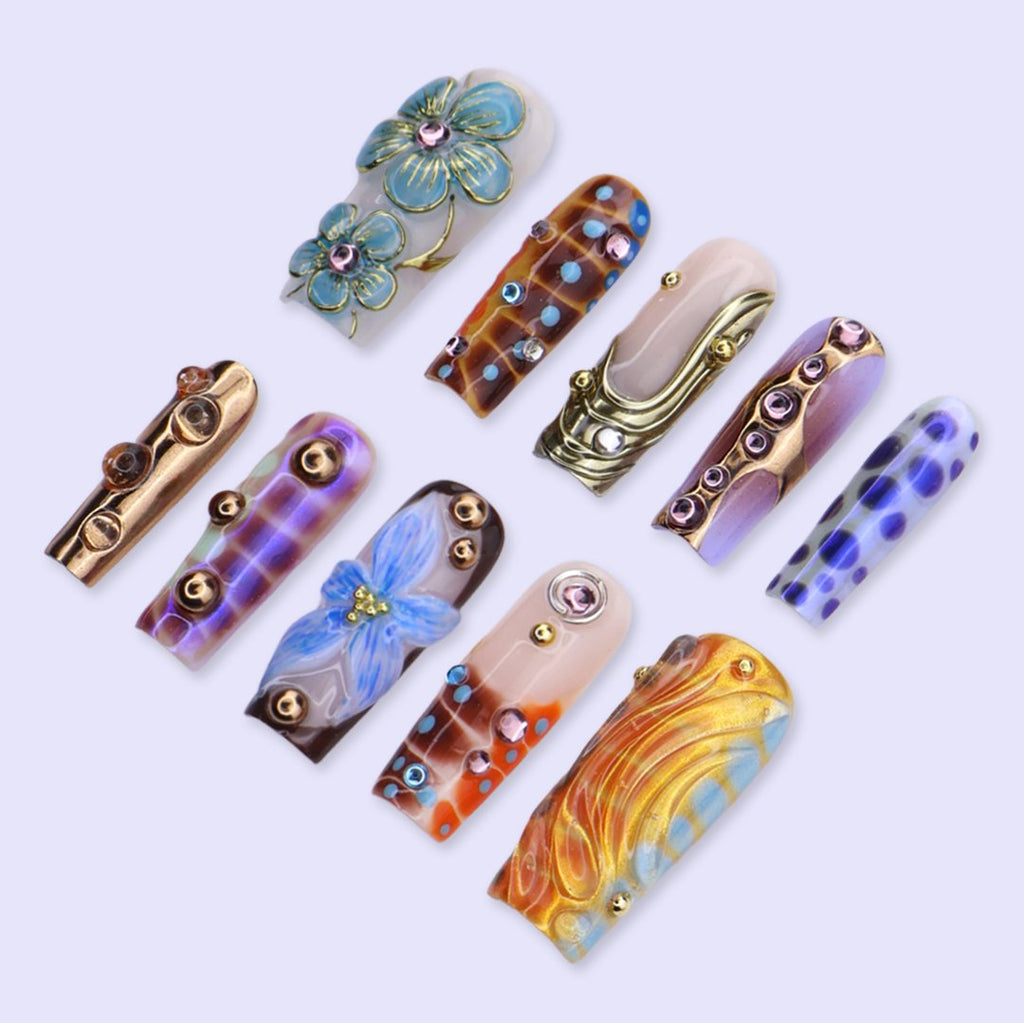 Galactica Brown Gold Floral Chrome Press On Nails