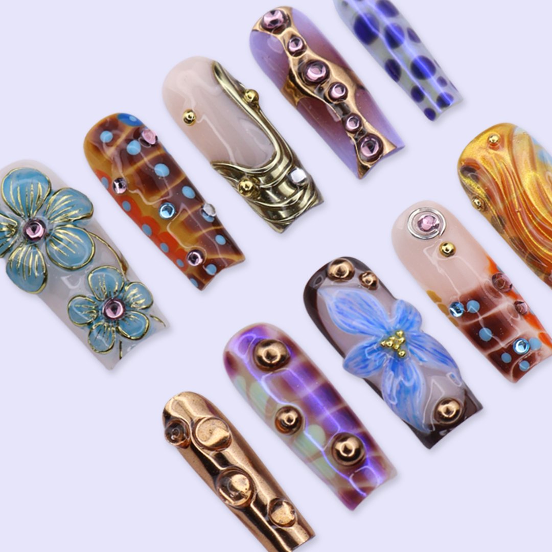 Galactica Brown Gold Floral Chrome Press On Nails
