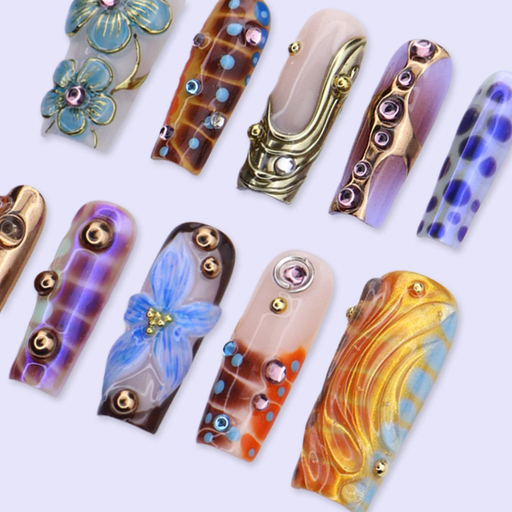 Galactica Brown Gold Floral Chrome Press On Nails