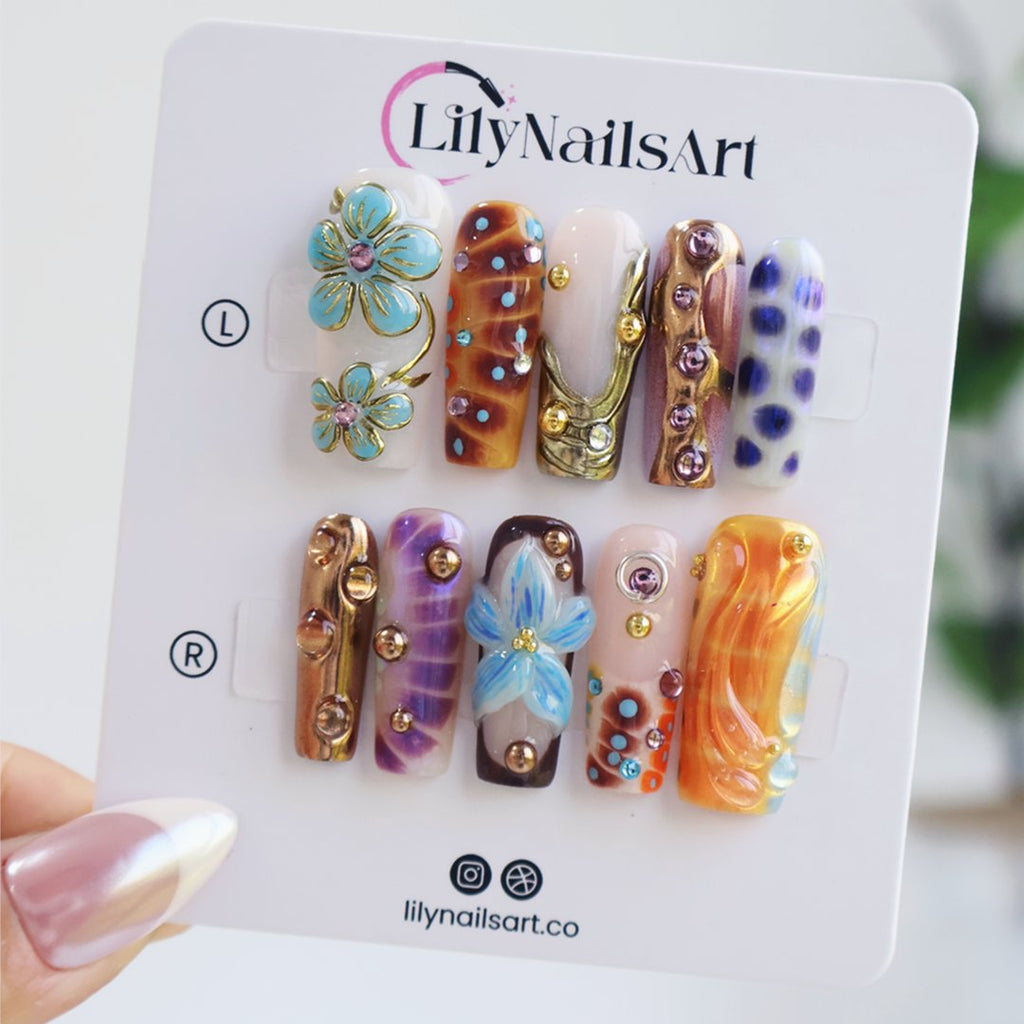 Galactica Brown Gold Floral Chrome Press On Nails