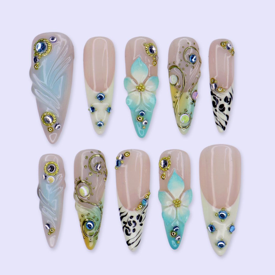 Aqua Luxe Blue 3D Floral Press On Nails