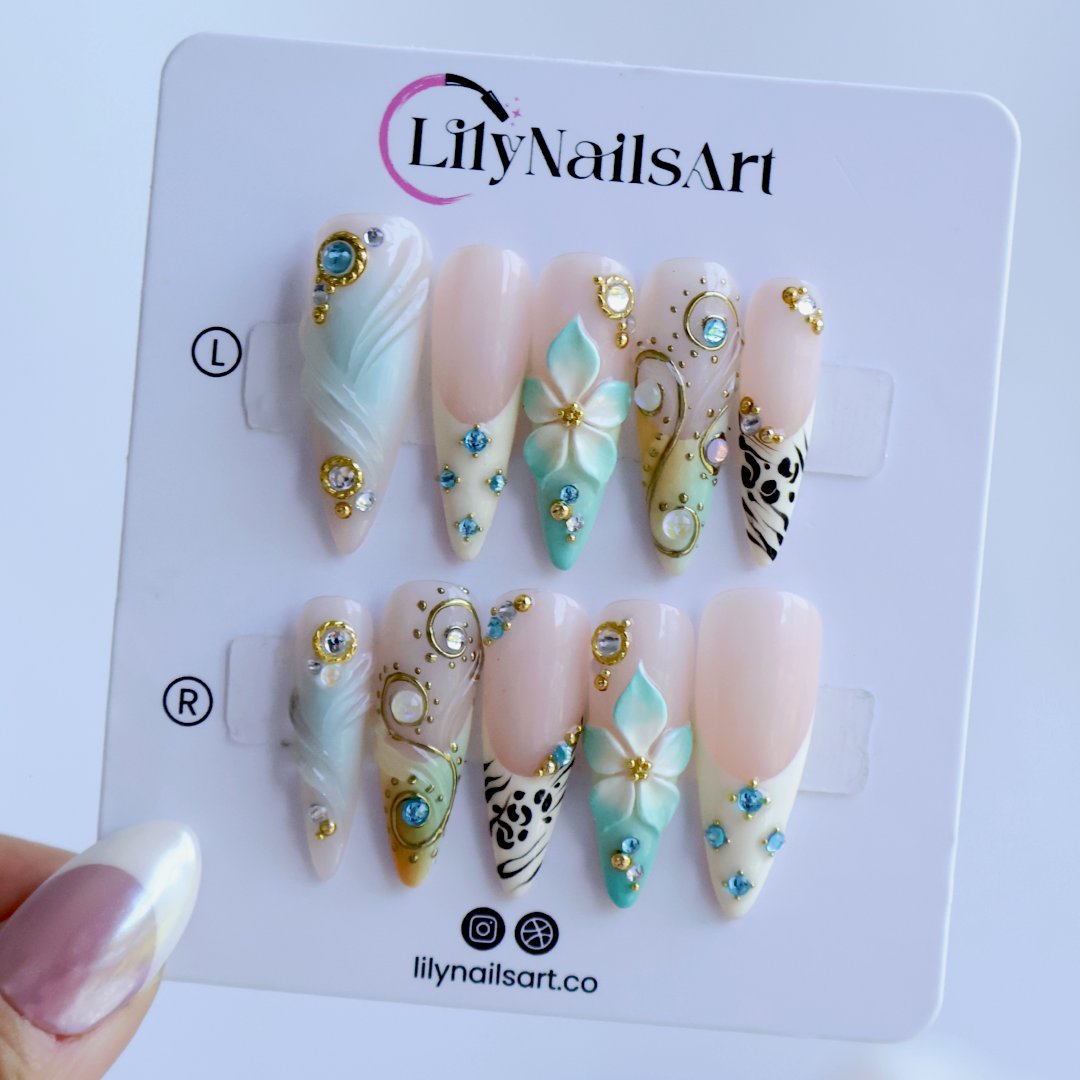 Aqua Luxe Blue 3D Floral Press On Nails