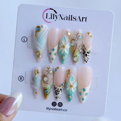 Aqua Luxe Blue 3D Floral Press On Nails