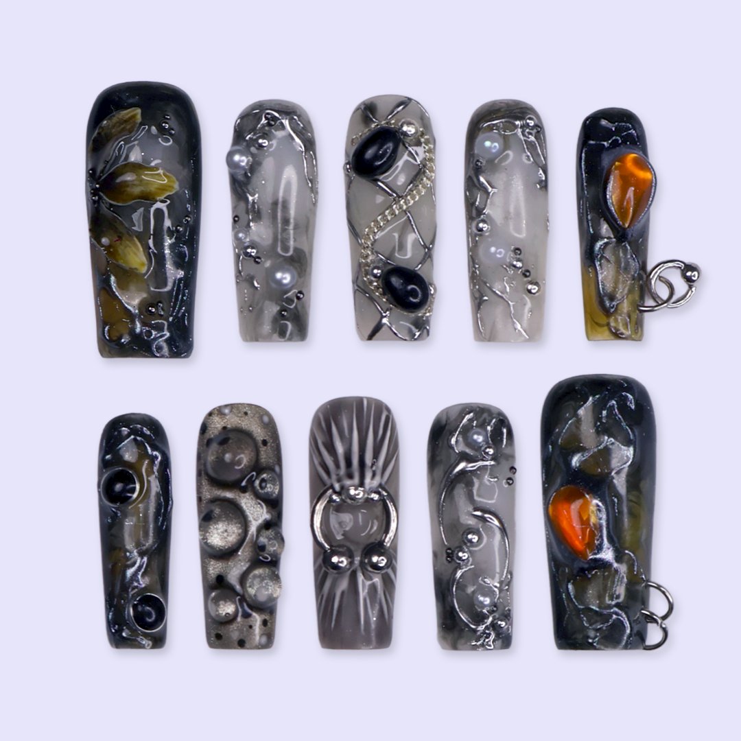 Alchemy Black 3D Floral Press On Nails