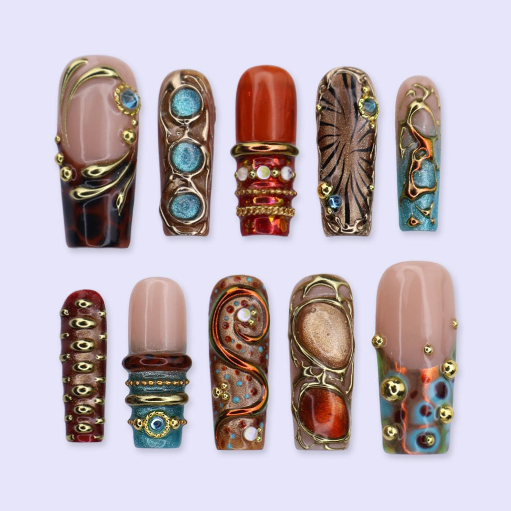 Gilded Dynasty Brown Blue Jewelry Accent Maximalist Press On Nails