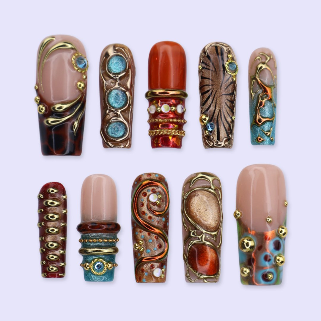 Gilded Dynasty Brown Blue Jewelry Accent Maximalist Press On Nails