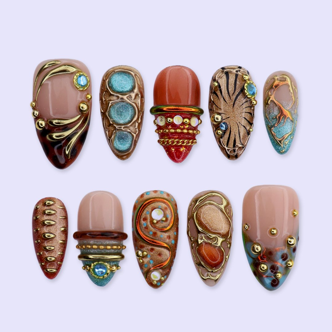 Gilded Dynasty Brown Blue Jewelry Accent Maximalist Press On Nails
