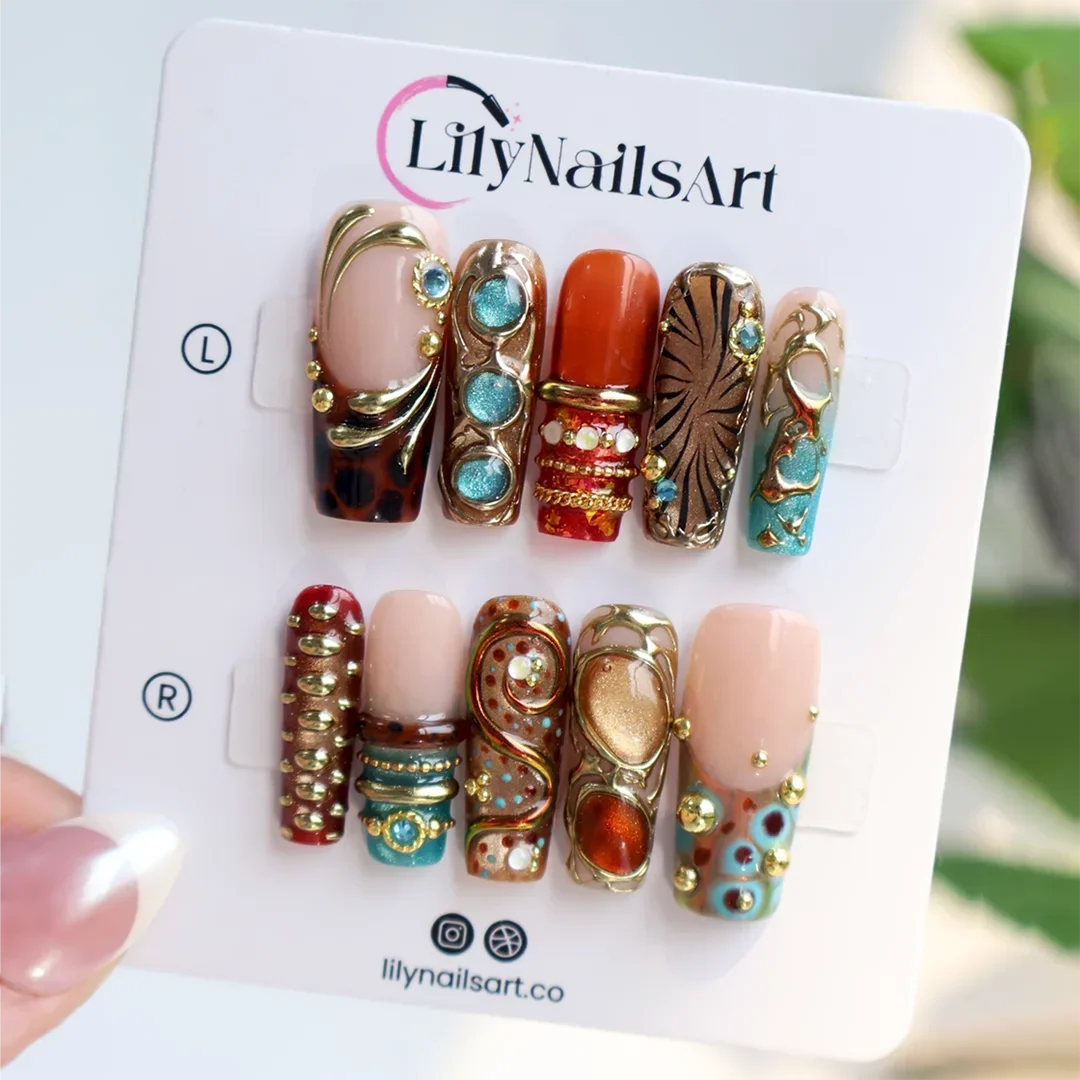 Gilded Dynasty Brown Blue Jewelry Accent Maximalist Press On Nails