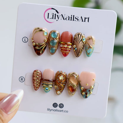 Gilded Dynasty Brown Blue Jewelry Accent Maximalist Press On Nails