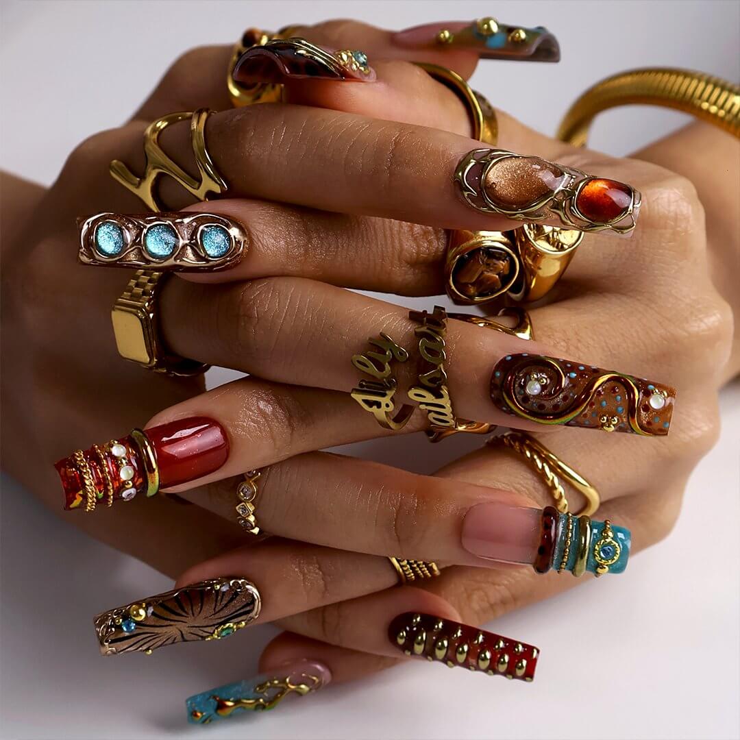 Gilded Dynasty Brown Blue Jewelry Accent Maximalist Press On Nails