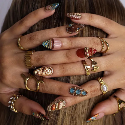 Gilded Dynasty Brown Blue Jewelry Accent Maximalist Press On Nails