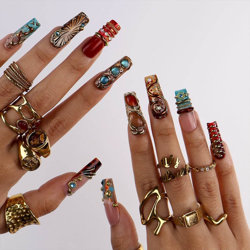 Gilded Dynasty Brown Blue Jewelry Accent Maximalist Press On Nails