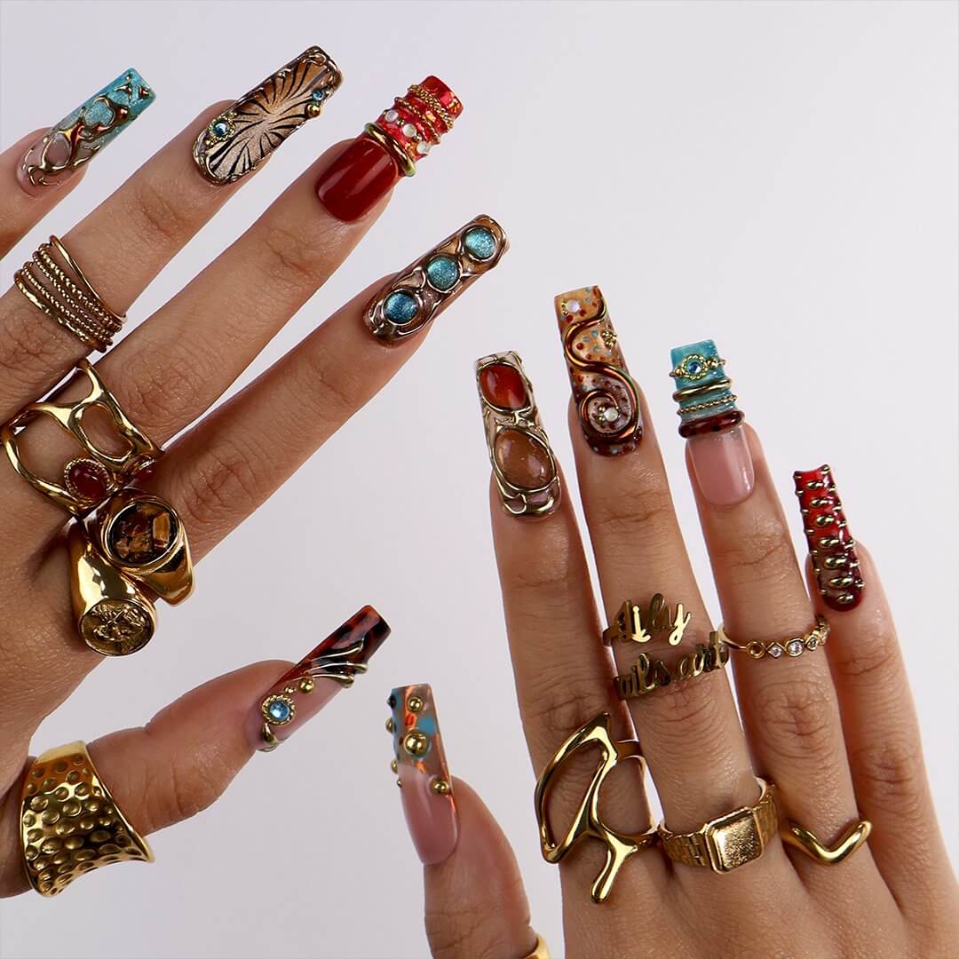 Gilded Dynasty Brown Blue Jewelry Accent Maximalist Press On Nails