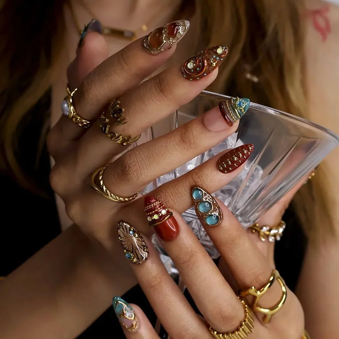Gilded Dynasty Brown Blue Jewelry Accent Maximalist Press On Nails
