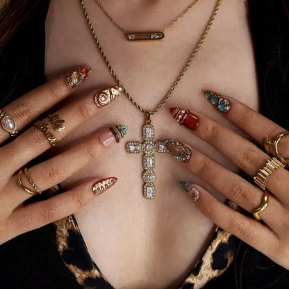 Gilded Dynasty Brown Blue Jewelry Accent Maximalist Press On Nails