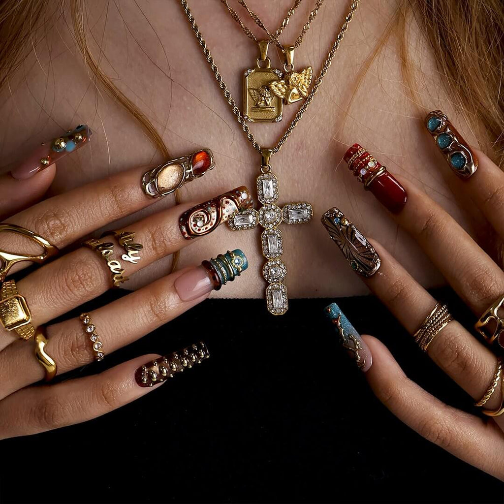 Gilded Dynasty Brown Blue Jewelry Accent Maximalist Press On Nails