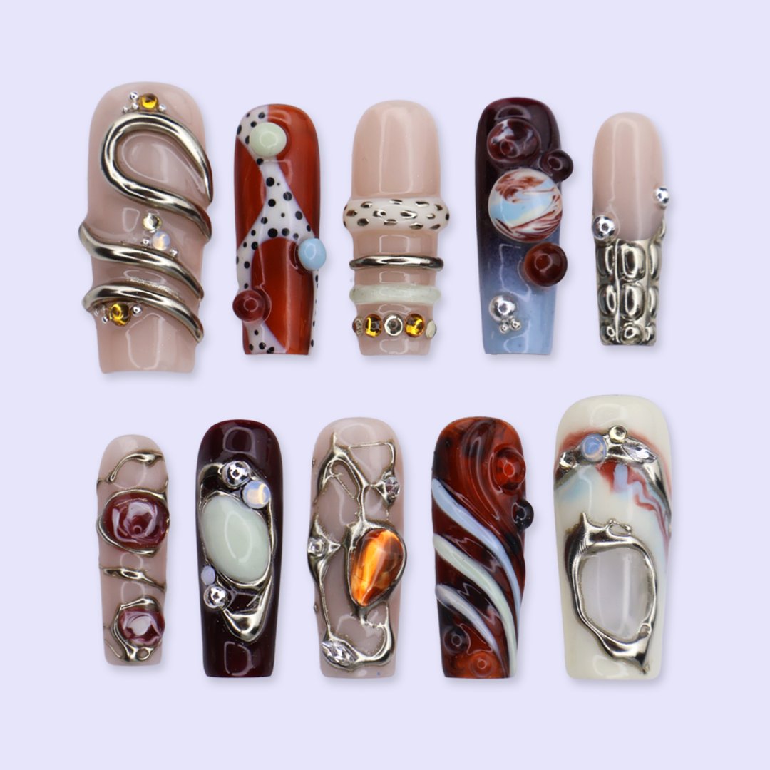 Molten Regalia Chrome Abstract Maximalist White Nude Press On Nails